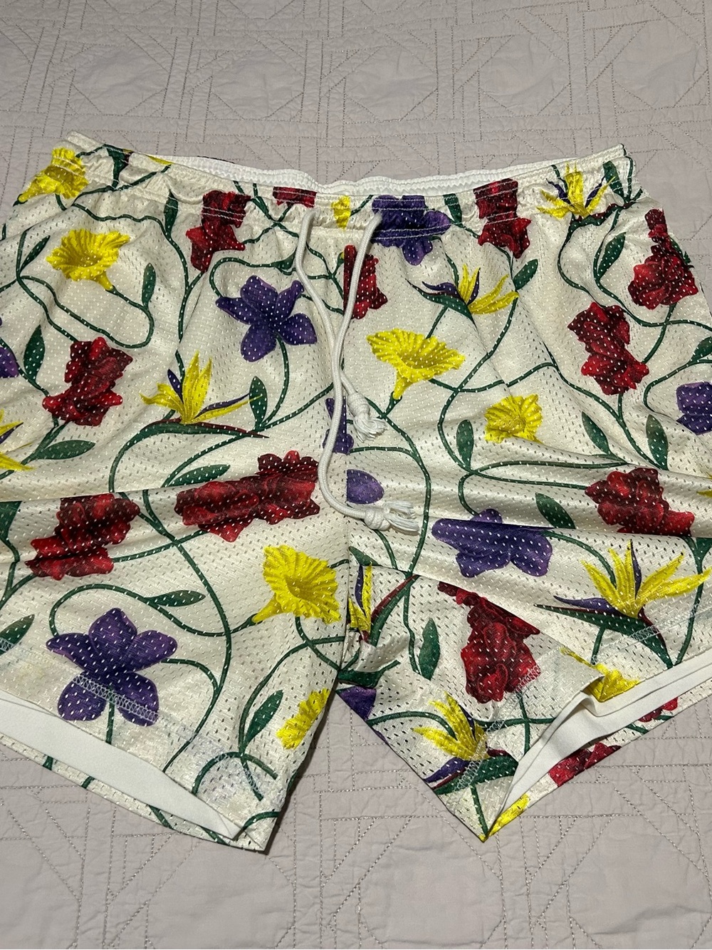Nike White Floral Athletic Shorts with Red, Purple & Yellow Flowers